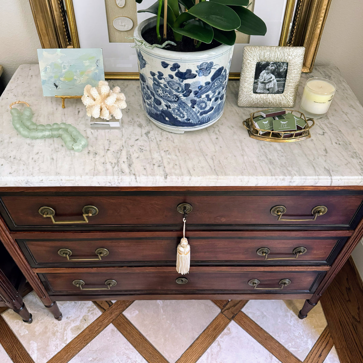Pair of French Louis XVI Antique White Marble Top Commodes