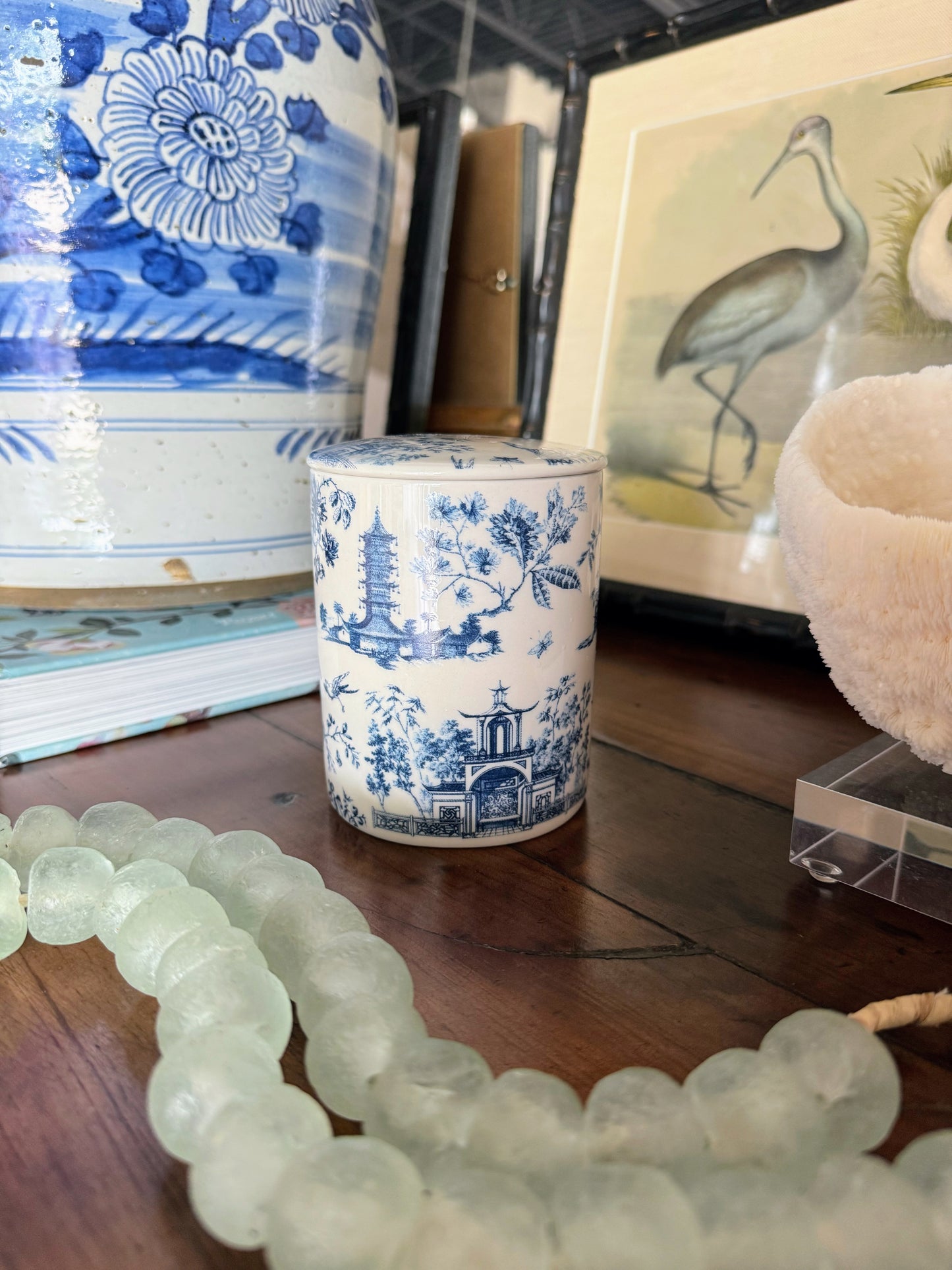 Navy Chinoiserie Toile Pattern Candle