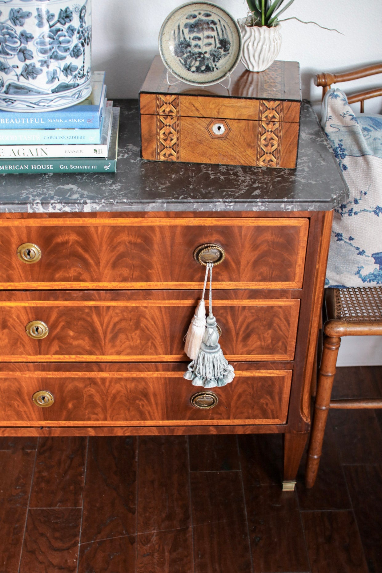 French Louis XVI Flame Mahogany Grey Marble Top Commode