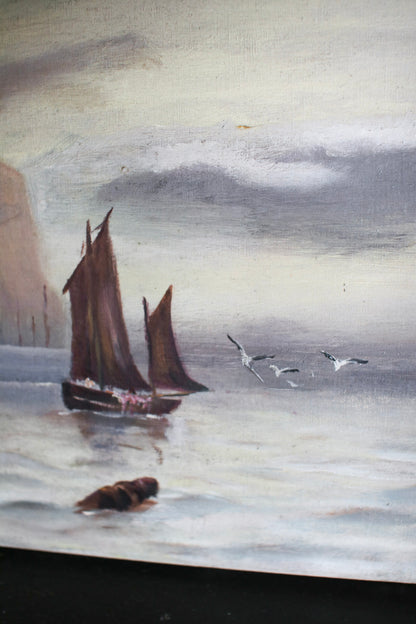 English Oil of Ships on Canvas Painting