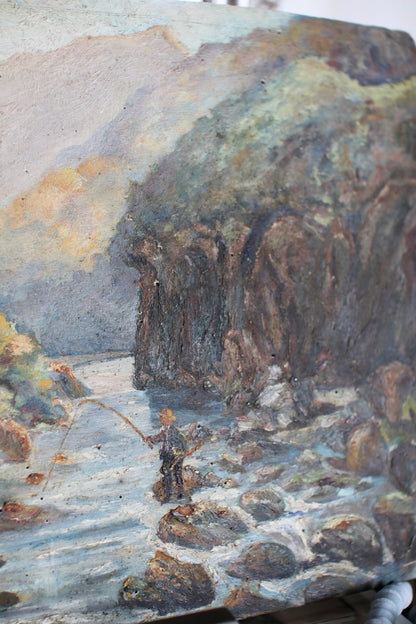 French Painting of Fisherman by River