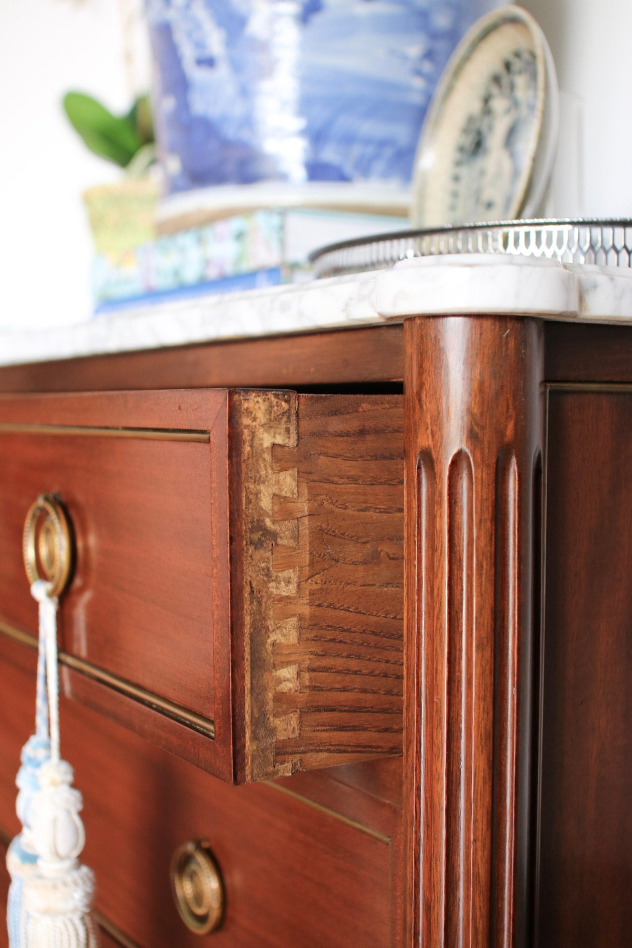 French Louis XVI Style White Marble Top Commode