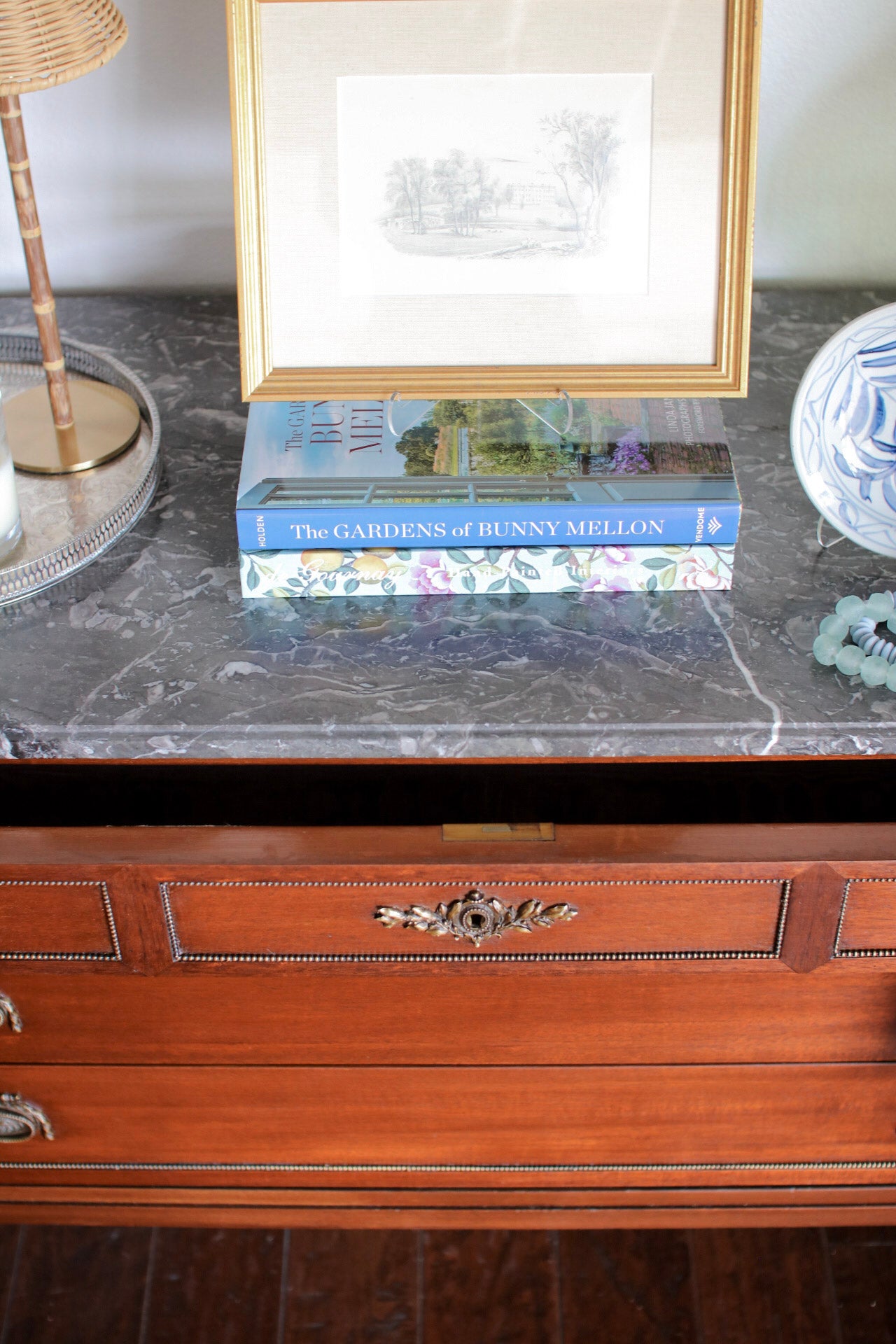 French Louis XVI Style Grey Marble Top Commode