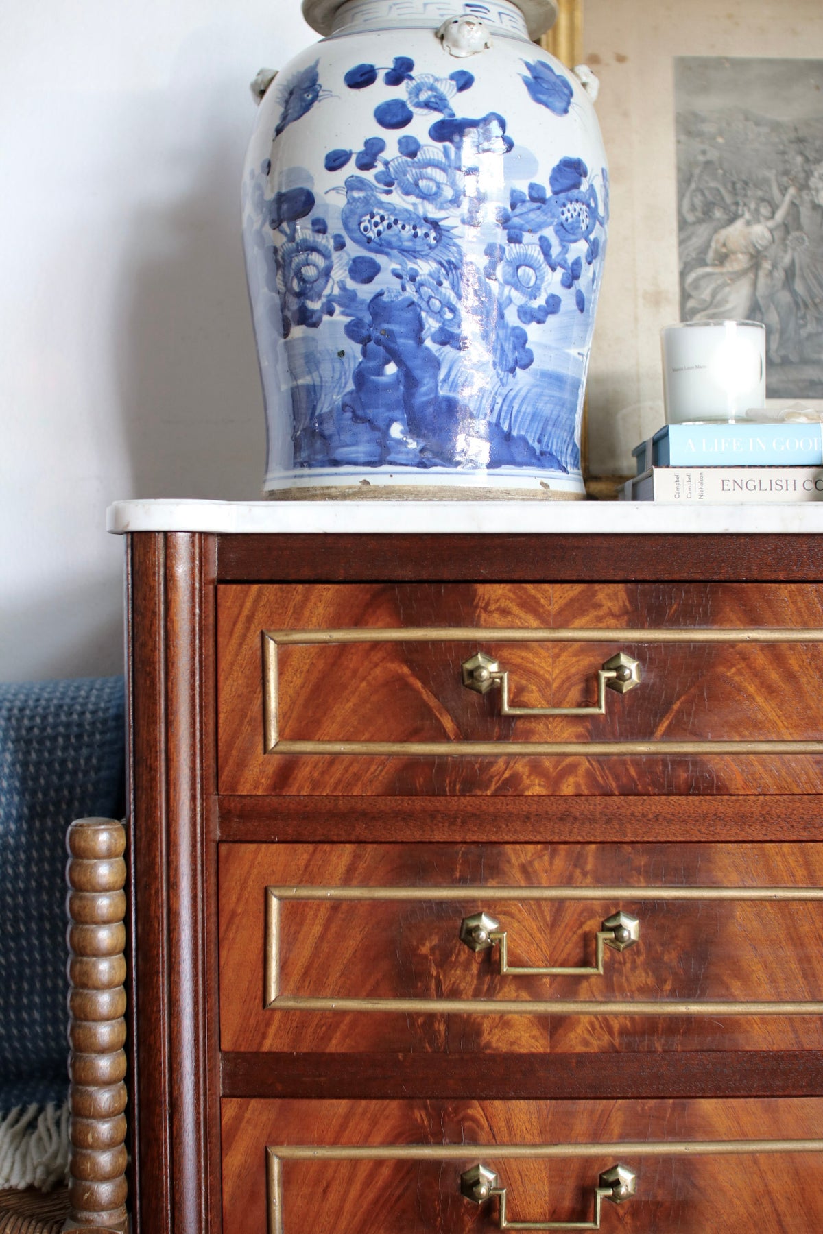 French Louis XVI Flame Mahogany White Marble Top Commode