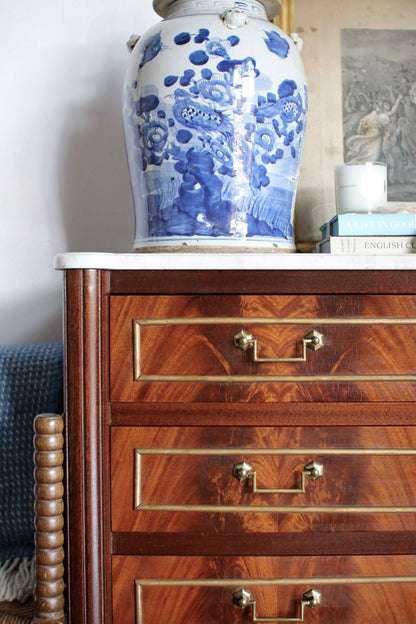 French Louis XVI Flame Mahogany White Marble Top Commode