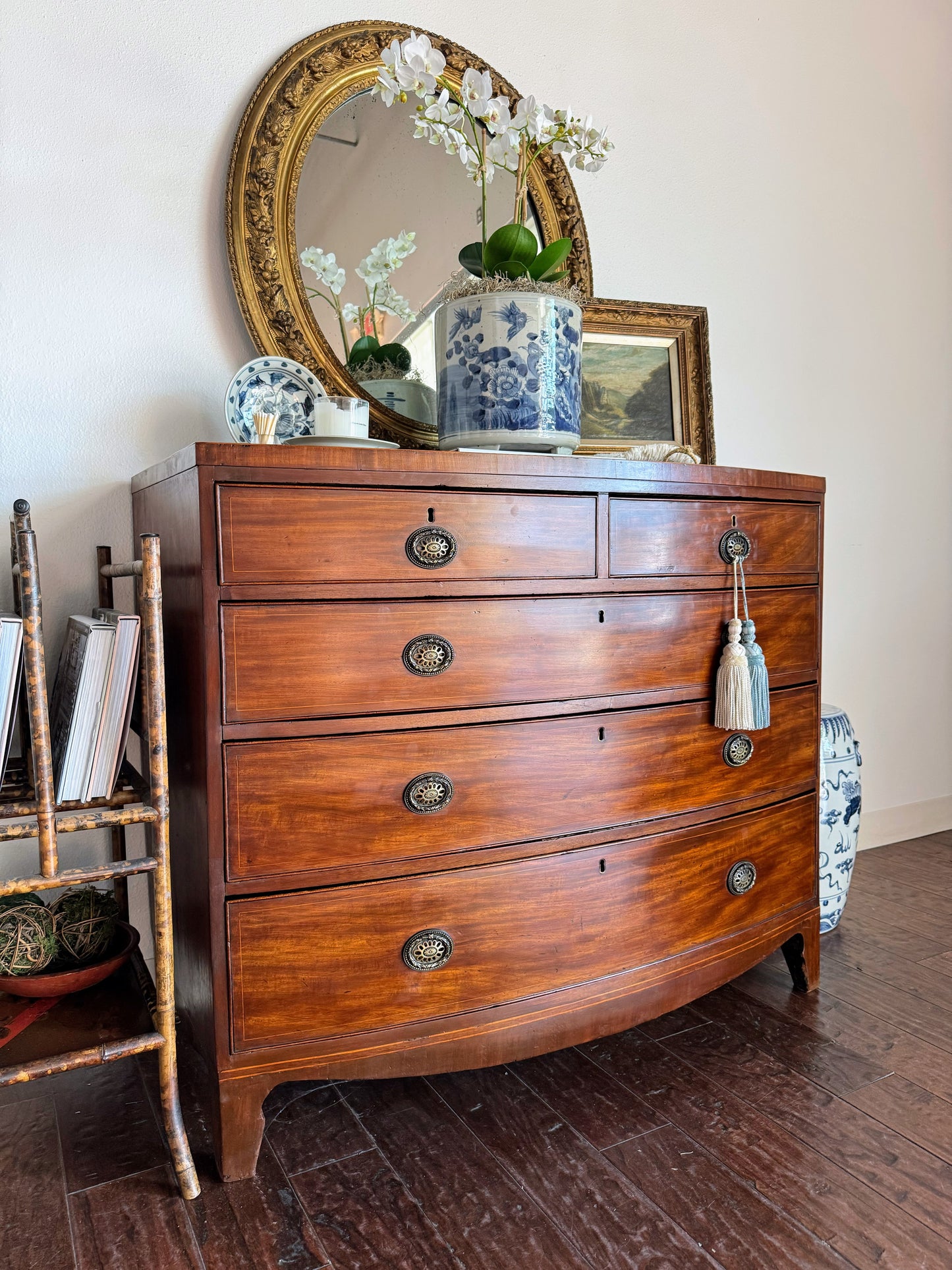Antique English Bowfront Chest of Drawers with Inlay