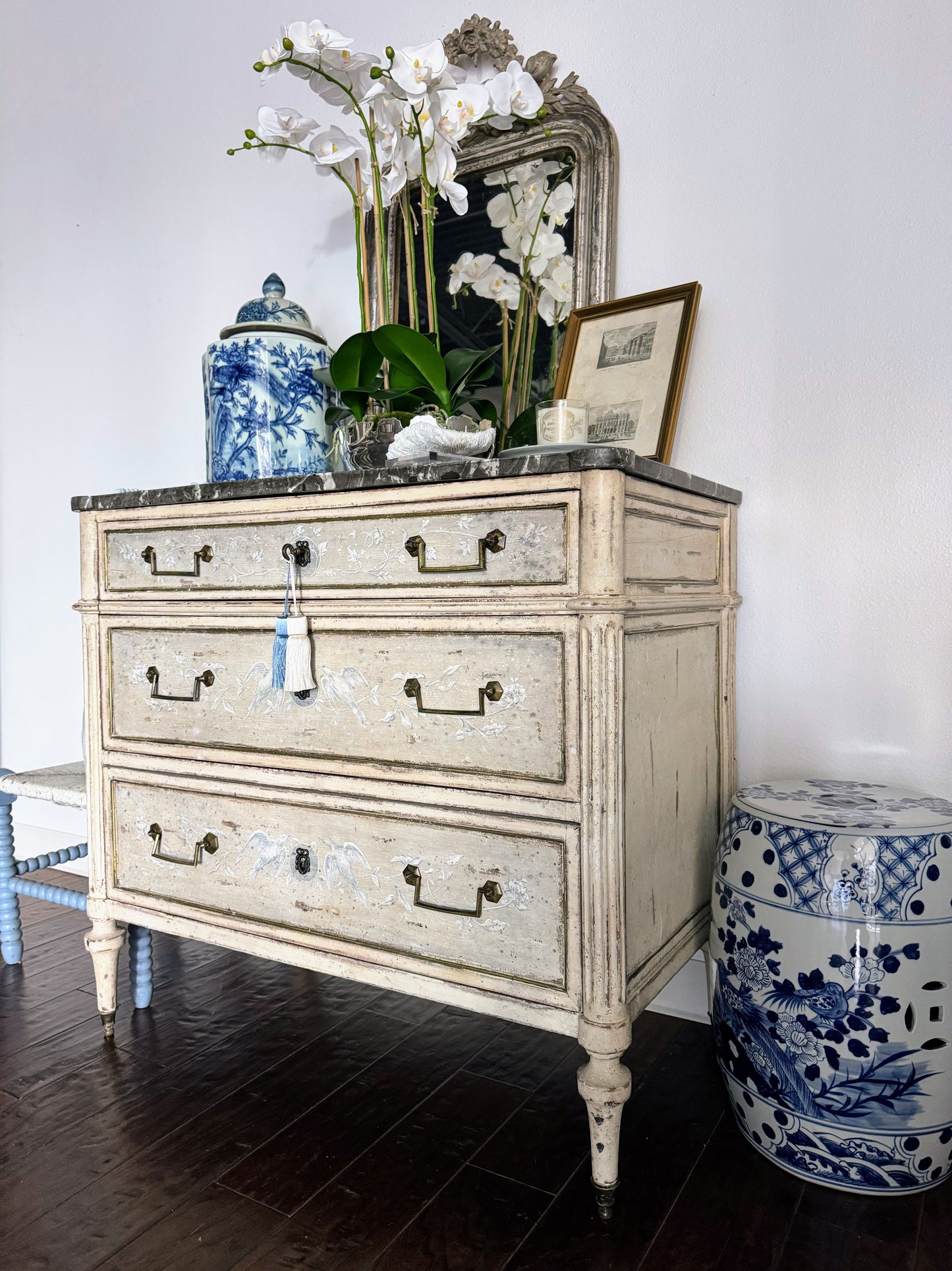 Antique French Louis XVI Black Marble Top Painted Commode