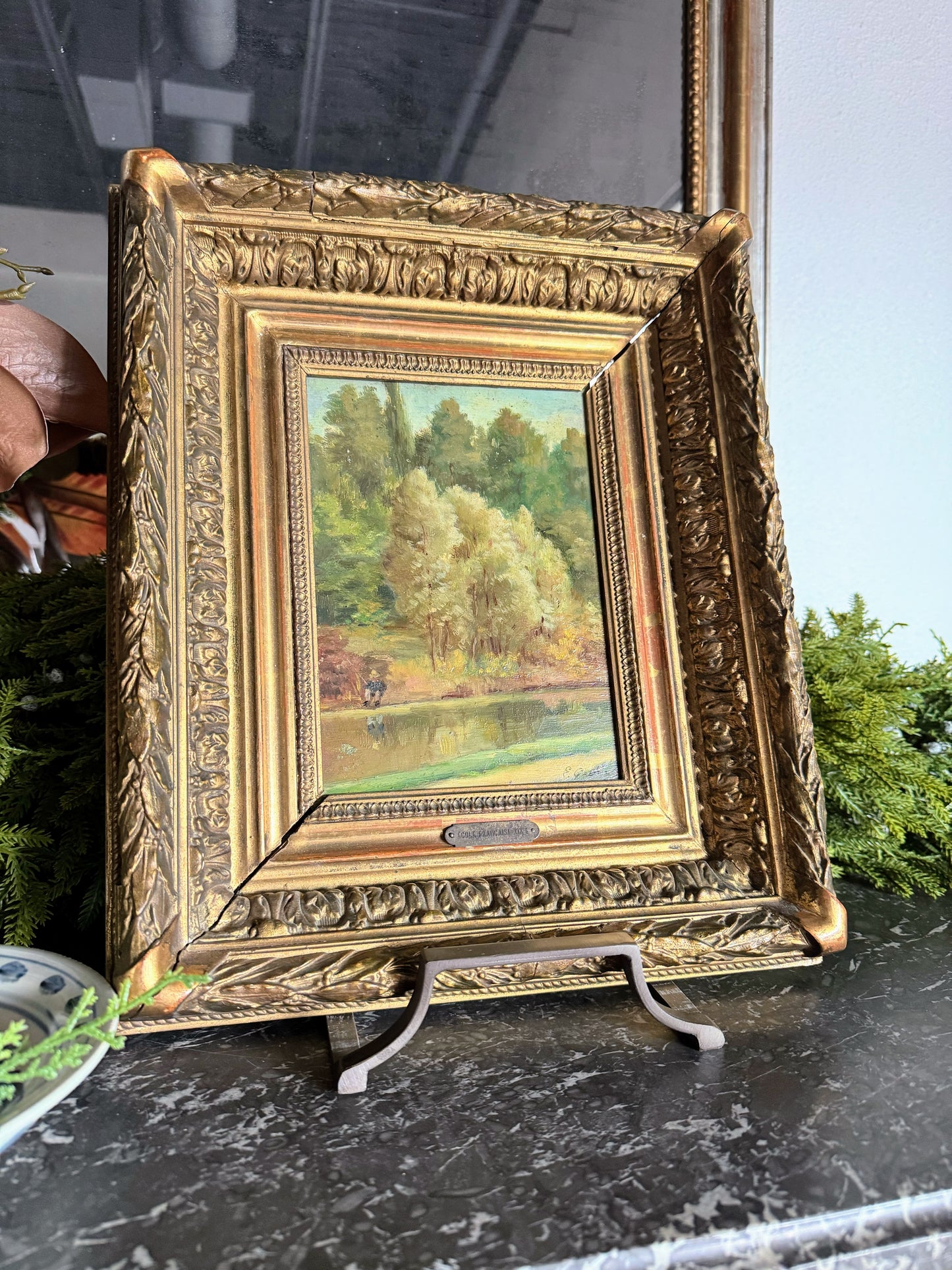 Framed Oil on Board of Fisherman By Pond