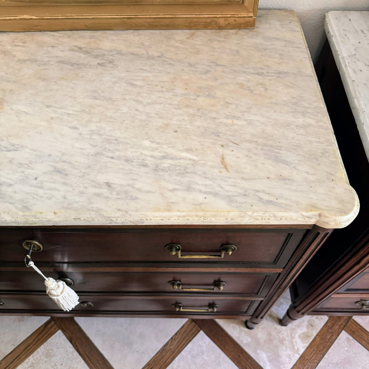 Pair of French Louis XVI Antique White Marble Top Commodes