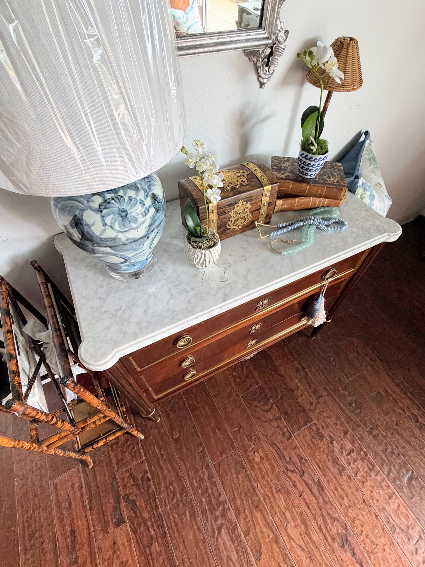 French Louis XVI White Marble Top Commode