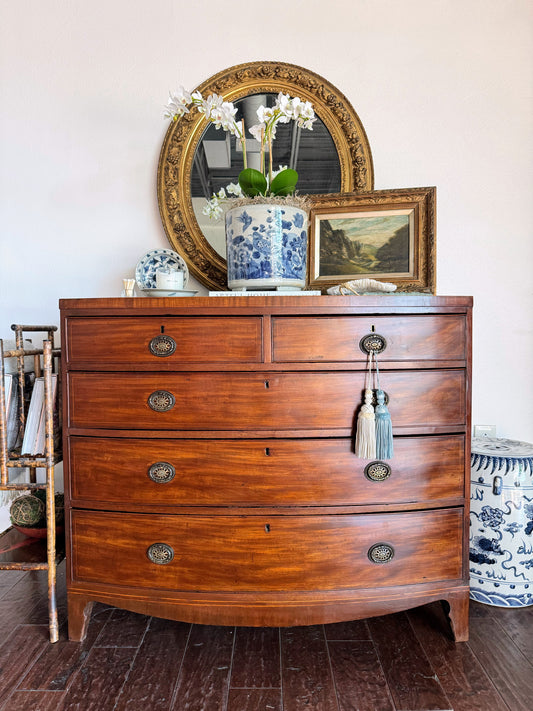 Antique English Bowfront Chest of Drawers with Inlay