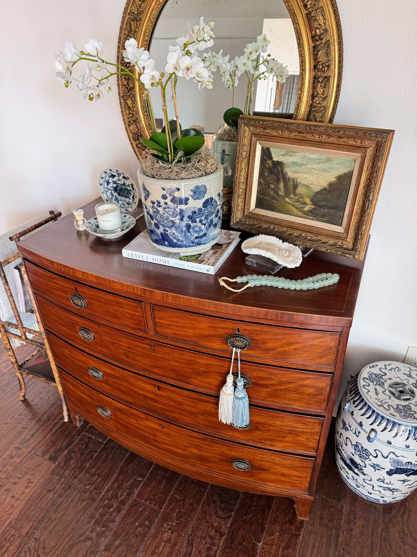 Antique English Bowfront Chest of Drawers with Inlay