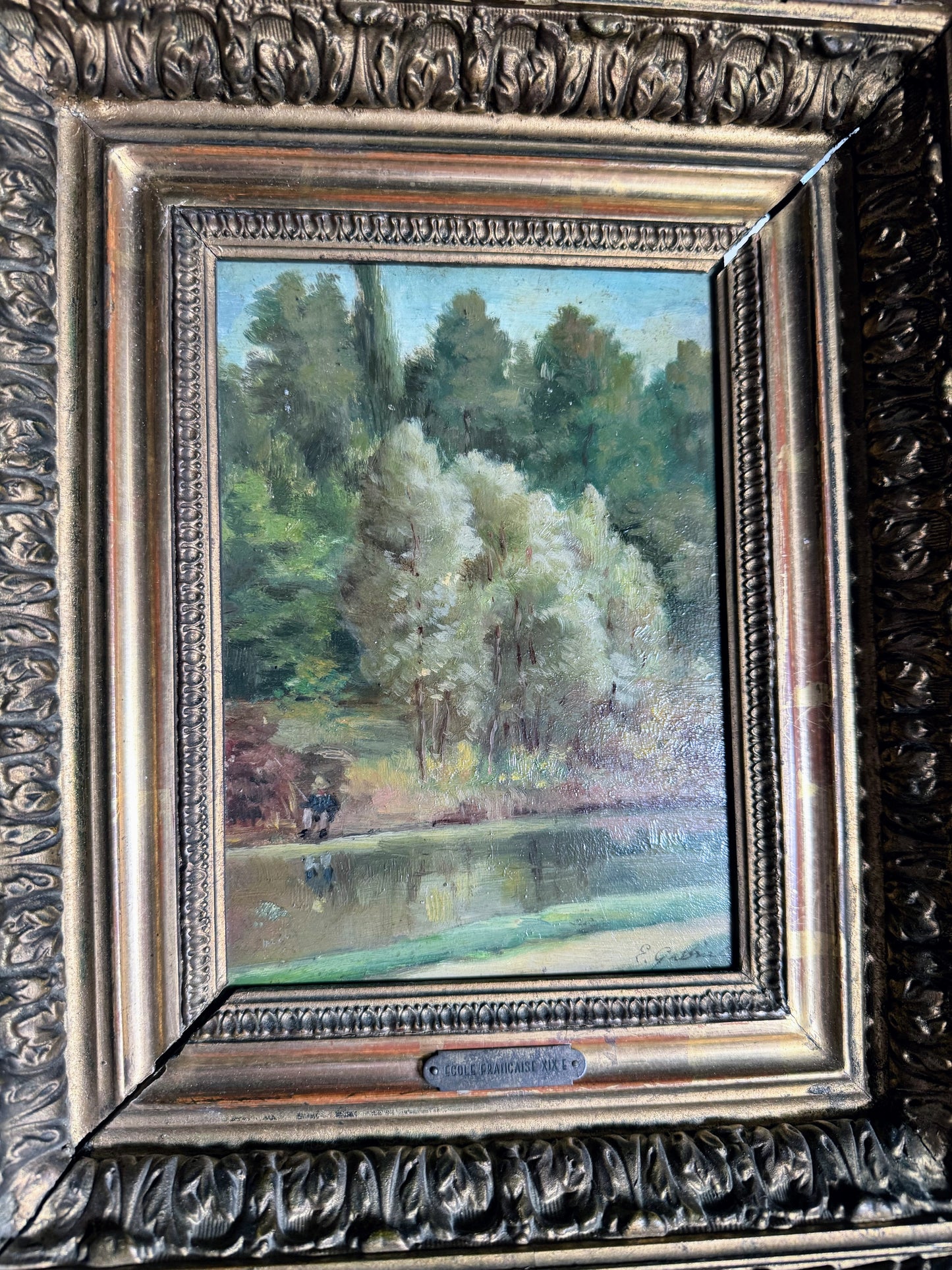 Framed Oil on Board of Fisherman By Pond