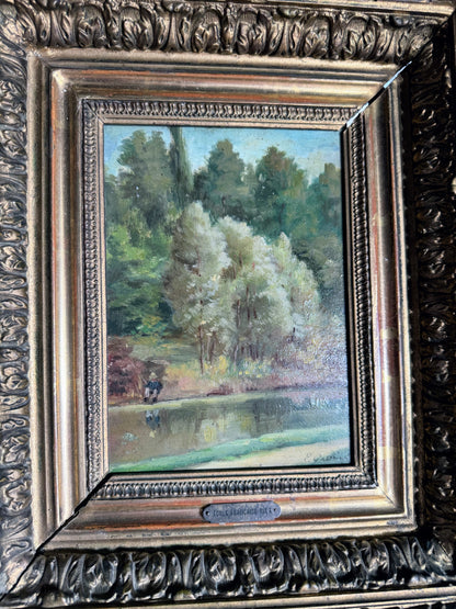 Framed Oil on Board of Fisherman By Pond