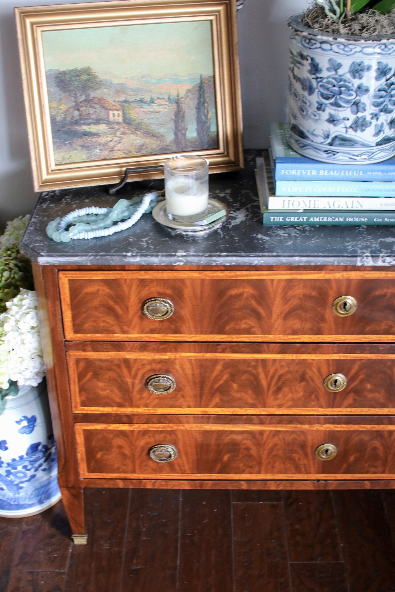French Louis XVI Flame Mahogany Grey Marble Top Commode