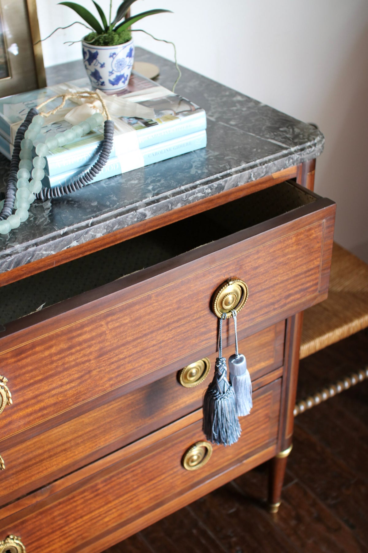 Antique French Louis XVI Grey Marble Top Commode with Inlay