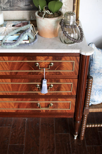 French Louis XVI Flame Mahogany White Marble Top Commode