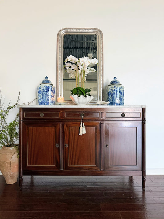 French Louis XVI White Marble Top Three Door Buffet