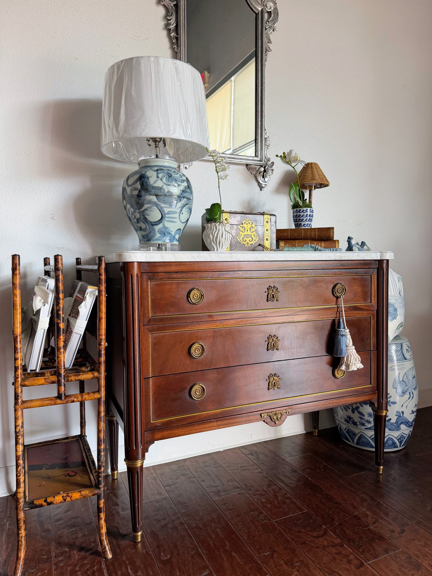 French Louis XVI White Marble Top Commode