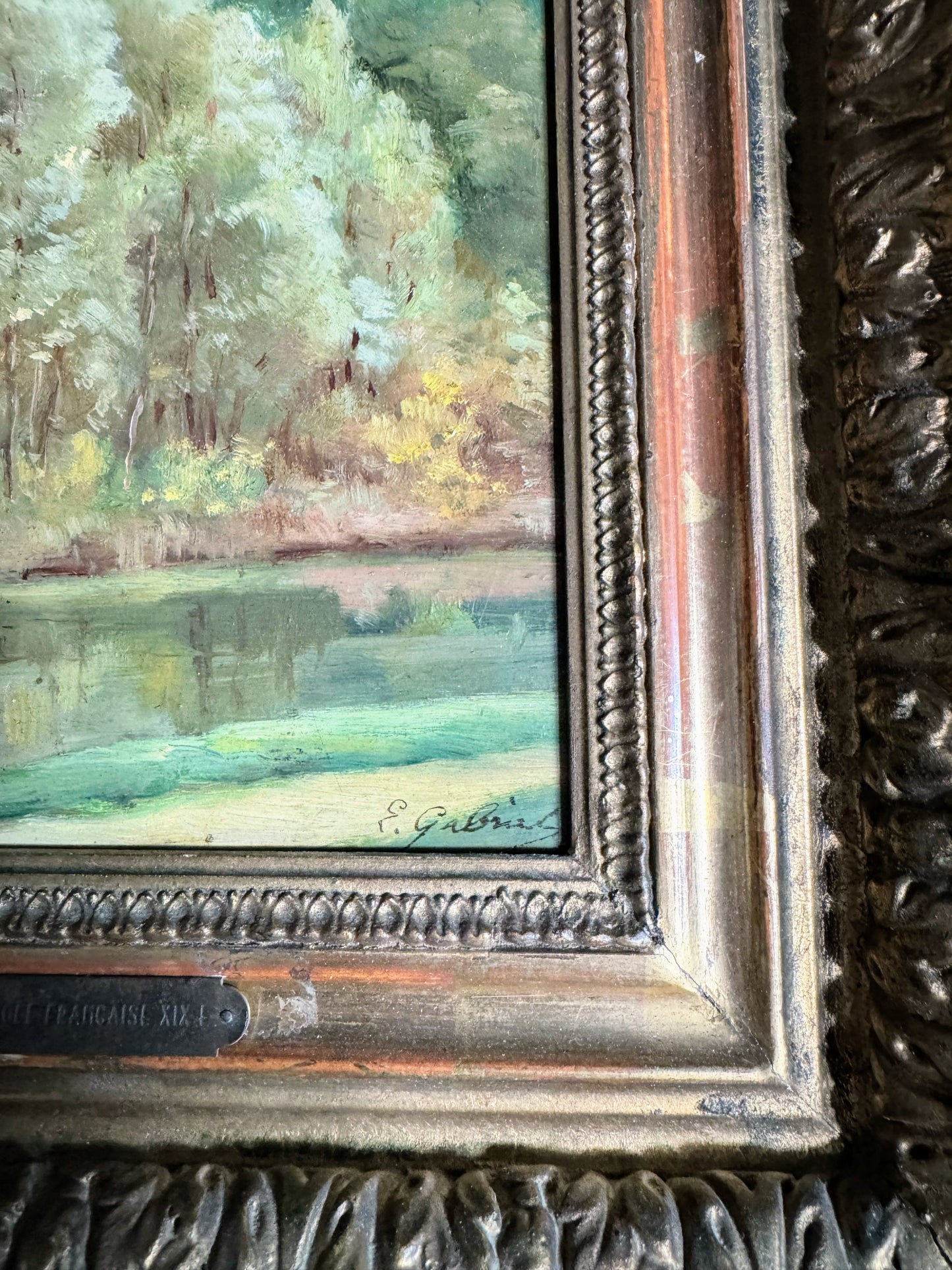 Framed Oil on Board of Fisherman By Pond