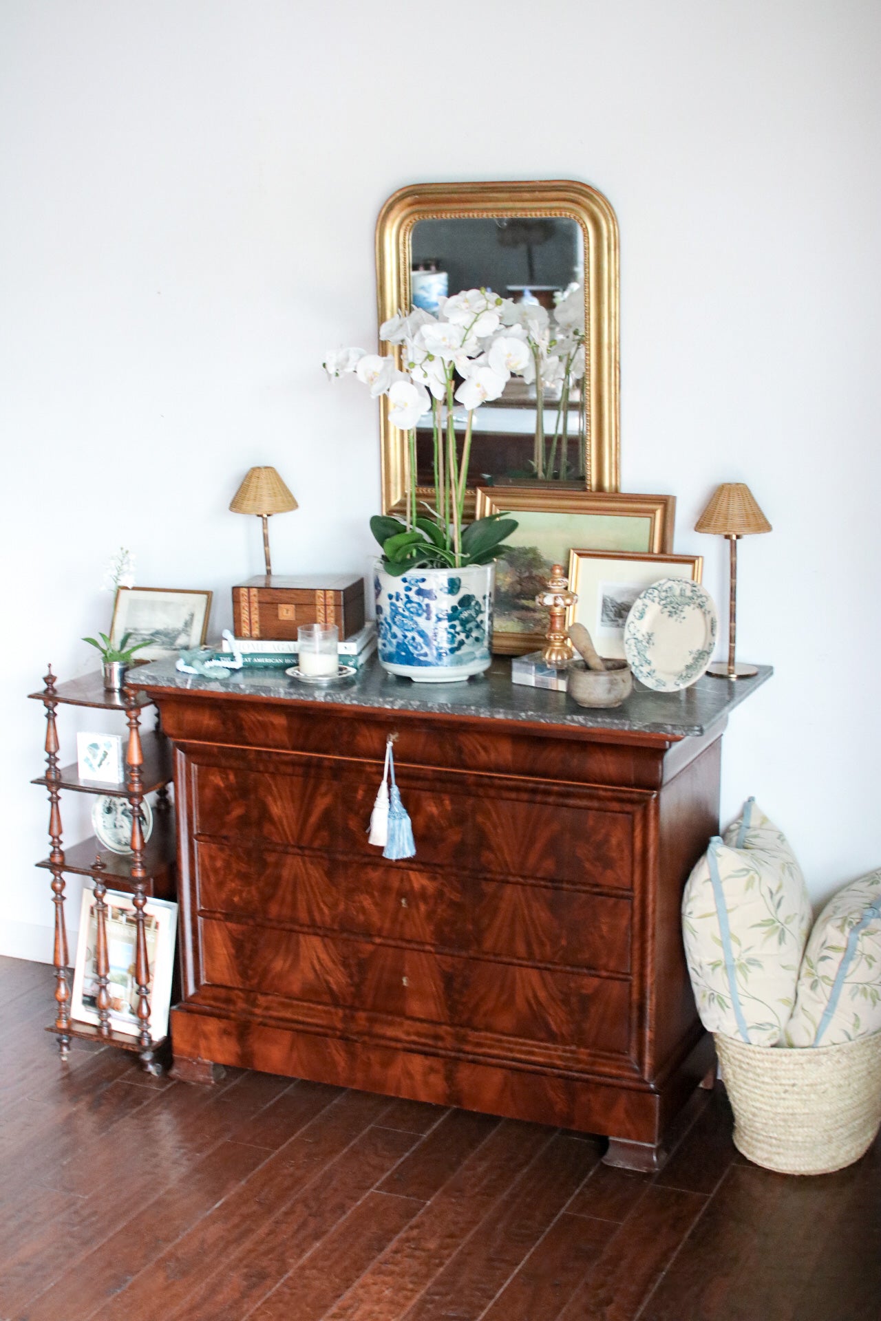 French Louis Philippe Flame Mahogany Grey Marble Top Commode