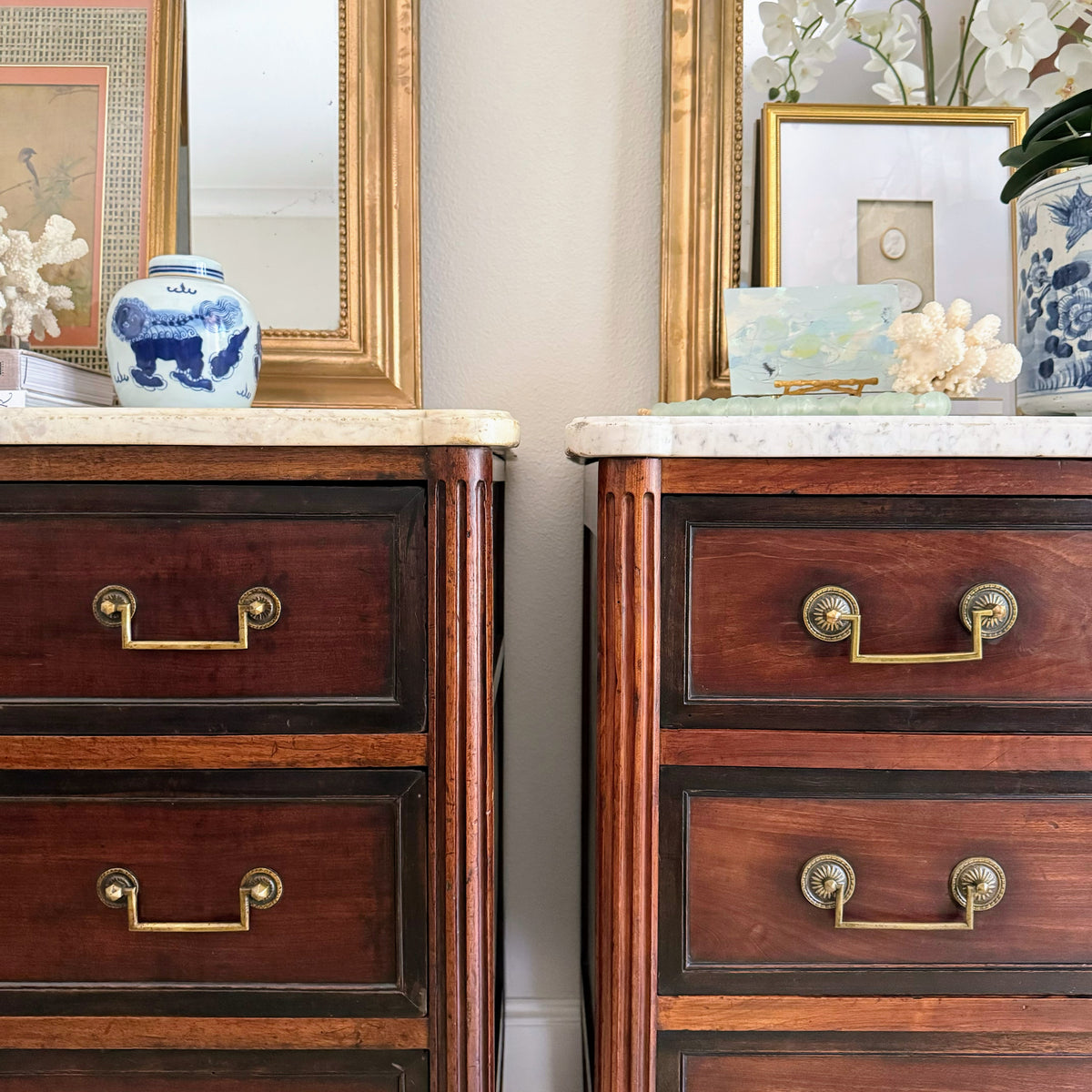 Pair of French Louis XVI Antique White Marble Top Commodes