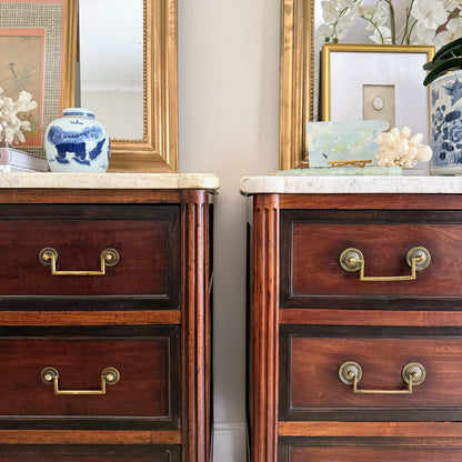 Pair of French Louis XVI Antique White Marble Top Commodes