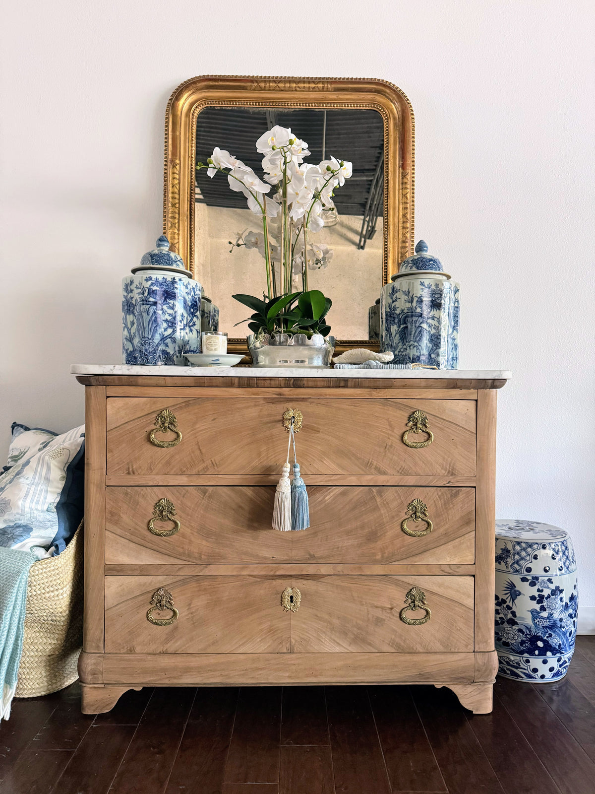 French Louis Philippe White Marble Top Bleached Commode