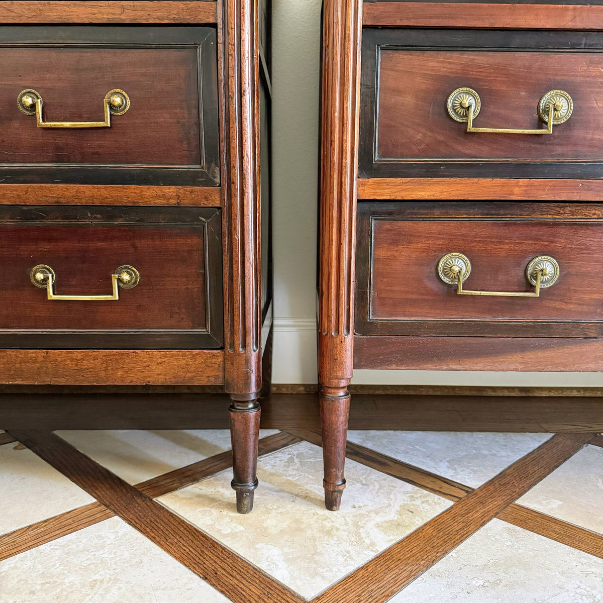 Pair of French Louis XVI Antique White Marble Top Commodes