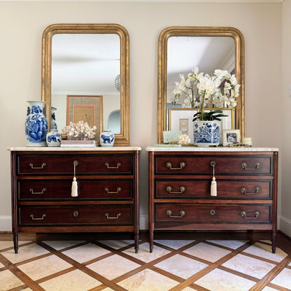 Pair of French Louis XVI Antique White Marble Top Commodes