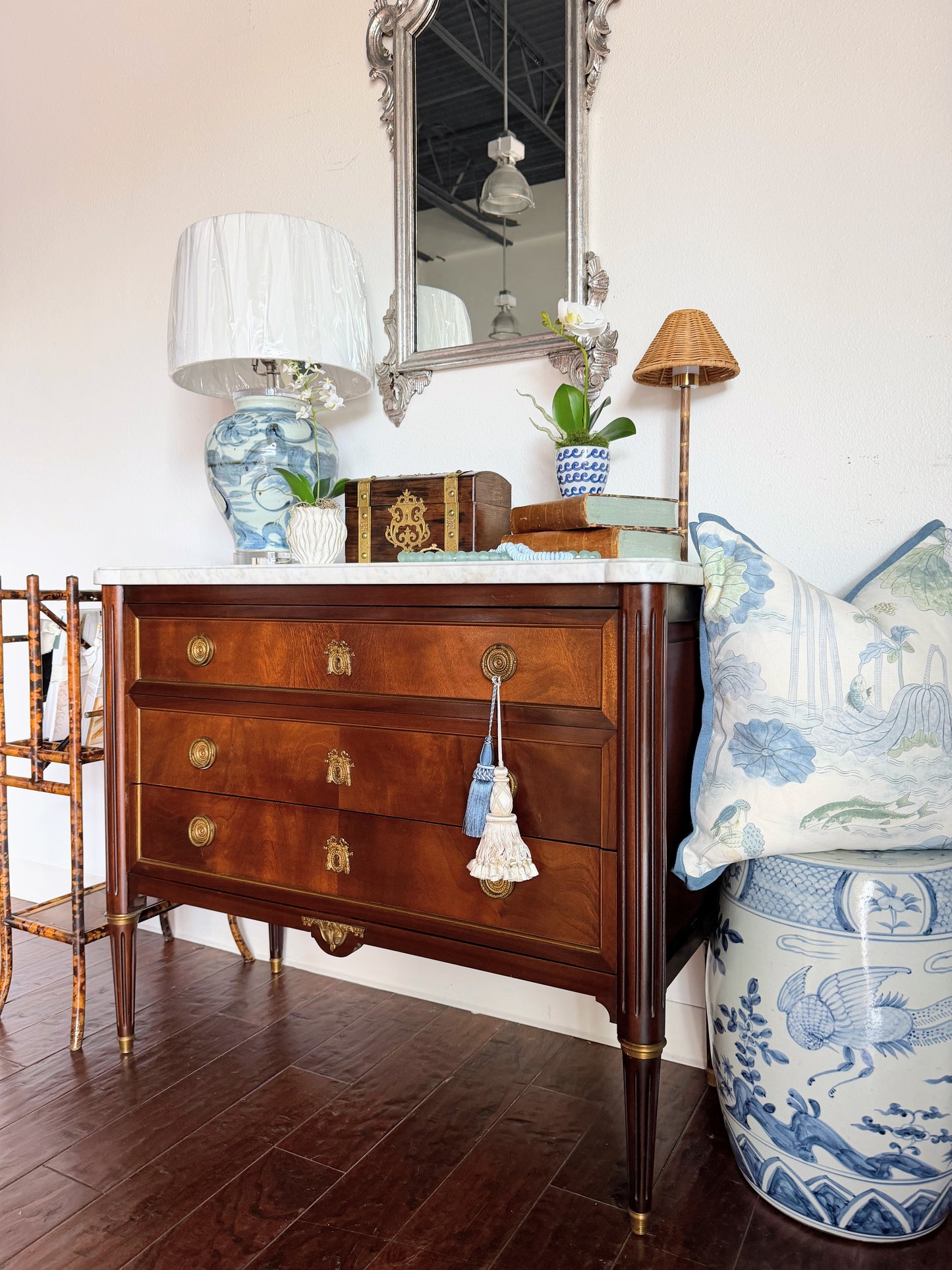 French Louis XVI White Marble Top Commode
