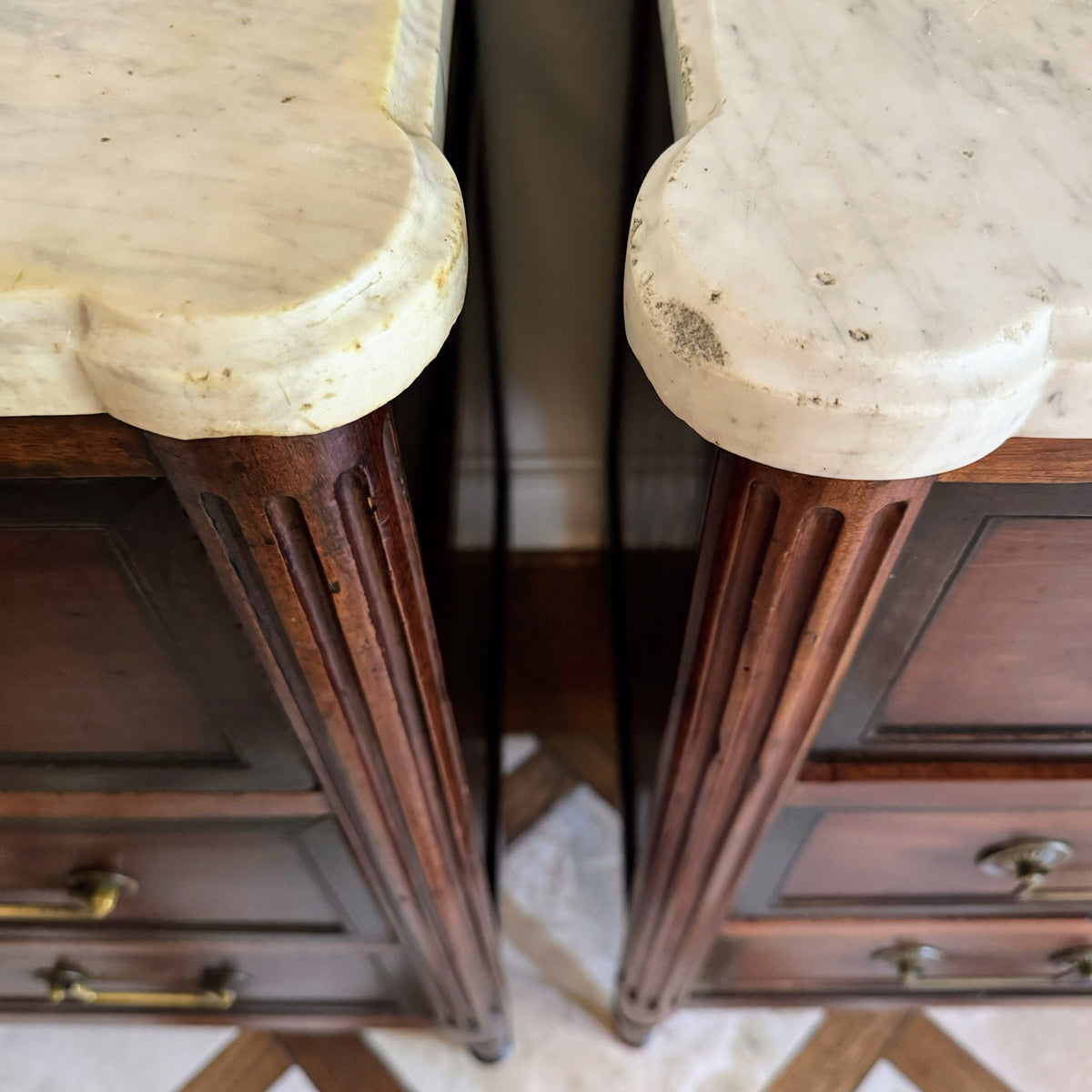 Pair of French Louis XVI Antique White Marble Top Commodes