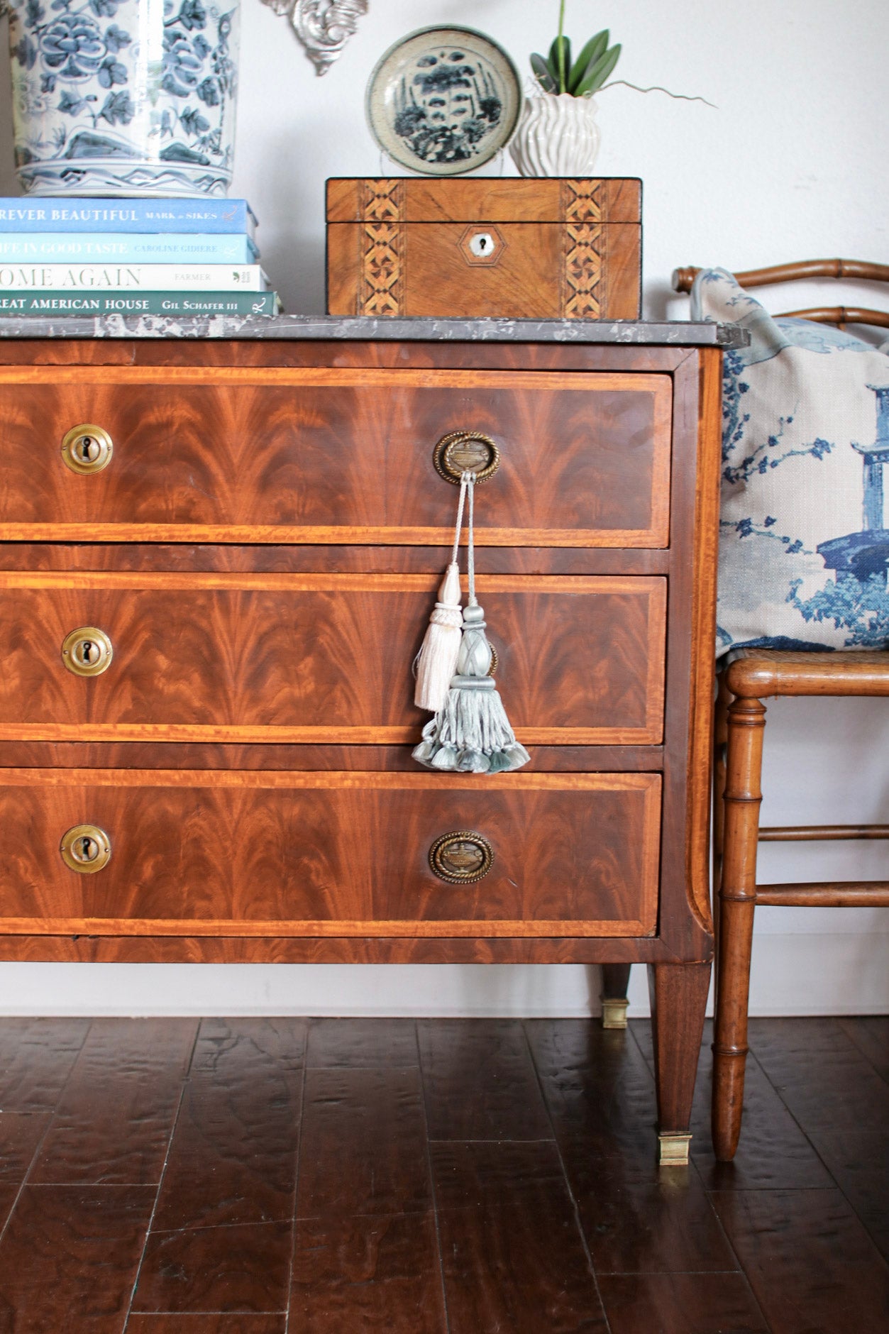 French Louis XVI Flame Mahogany Grey Marble Top Commode