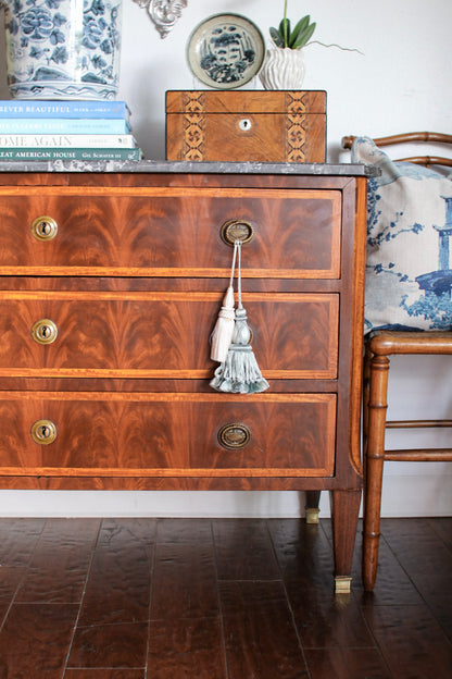 French Louis XVI Flame Mahogany Grey Marble Top Commode