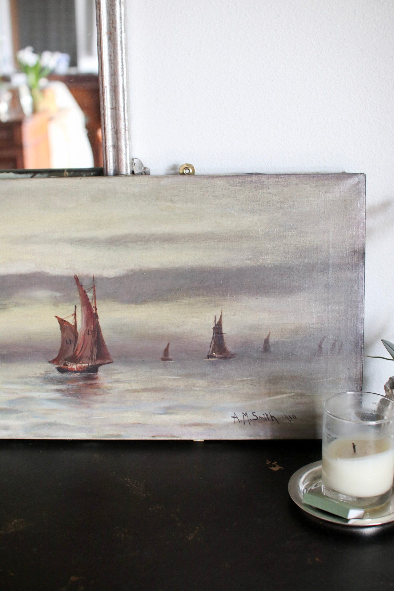 English Oil of Ships on Canvas Painting