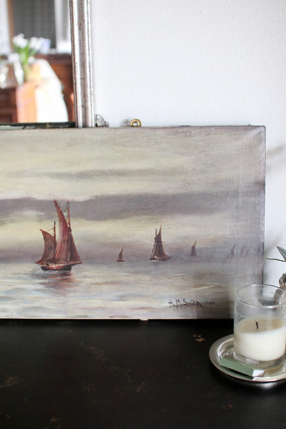 English Oil of Ships on Canvas Painting