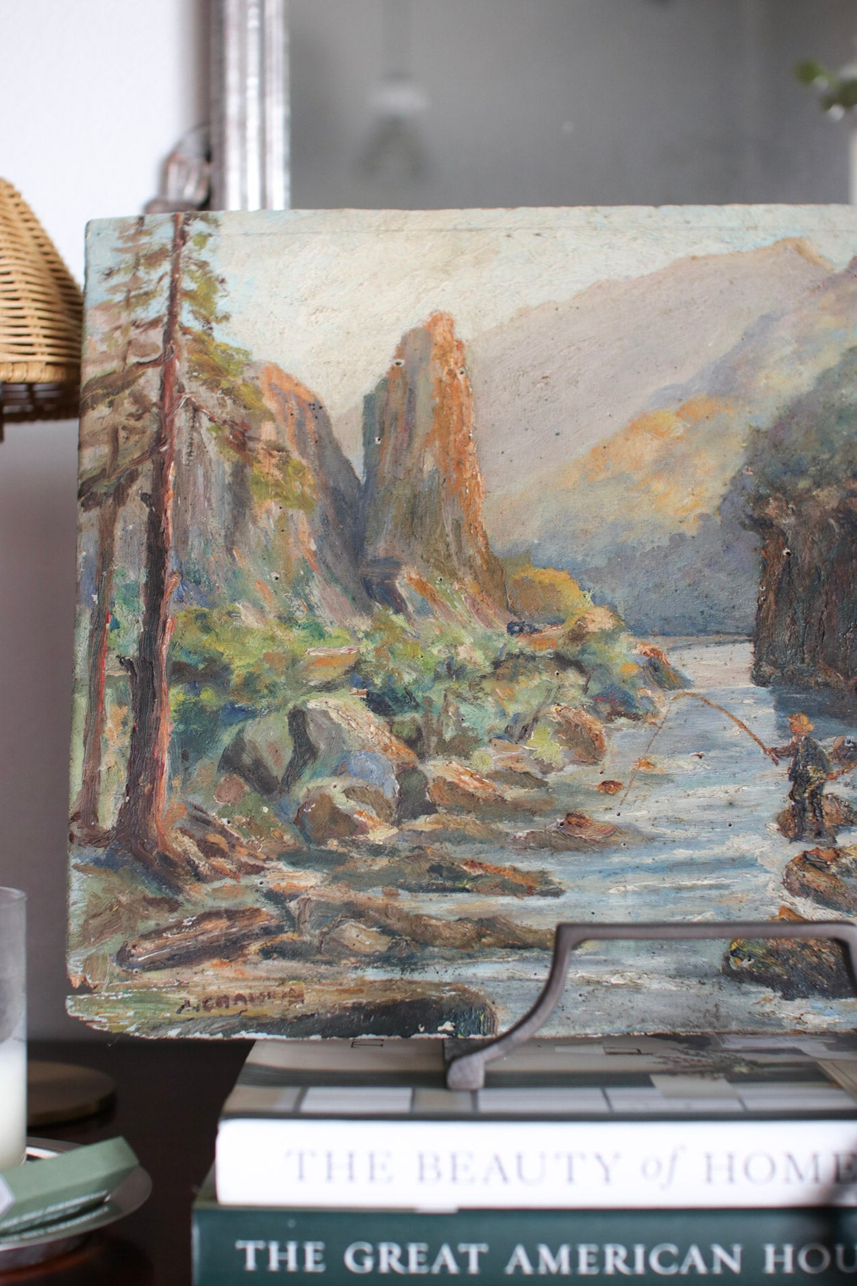 French Painting of Fisherman by River