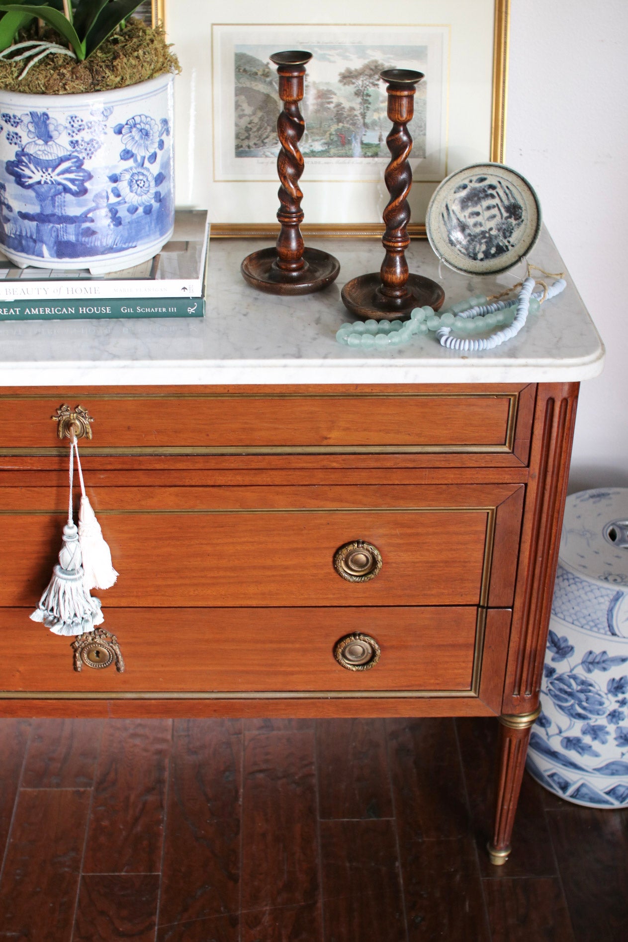 French Louis XVI White Marble Top Commode