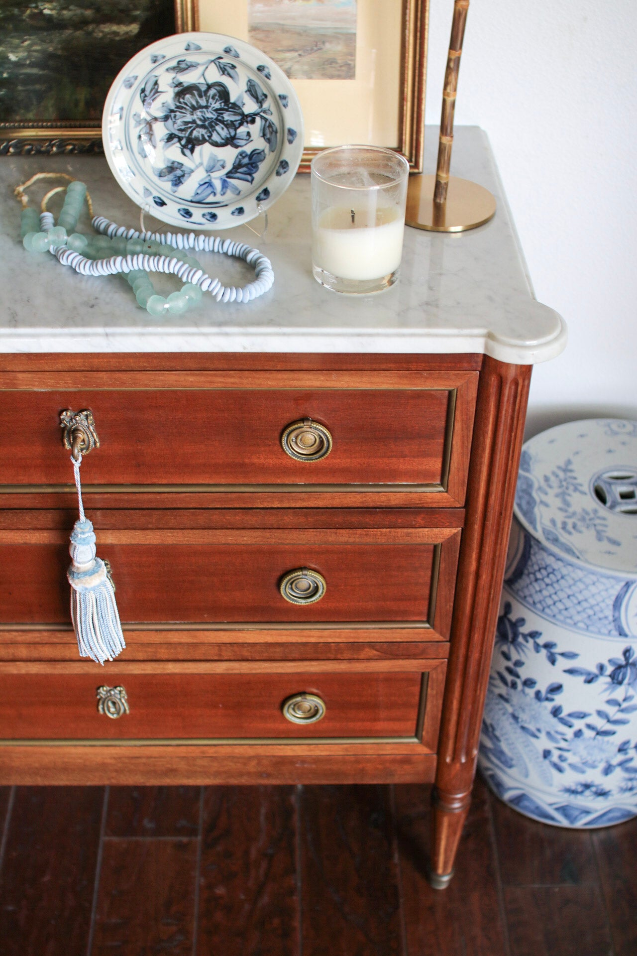 French Louis XVI Petite White Marble Top Commode