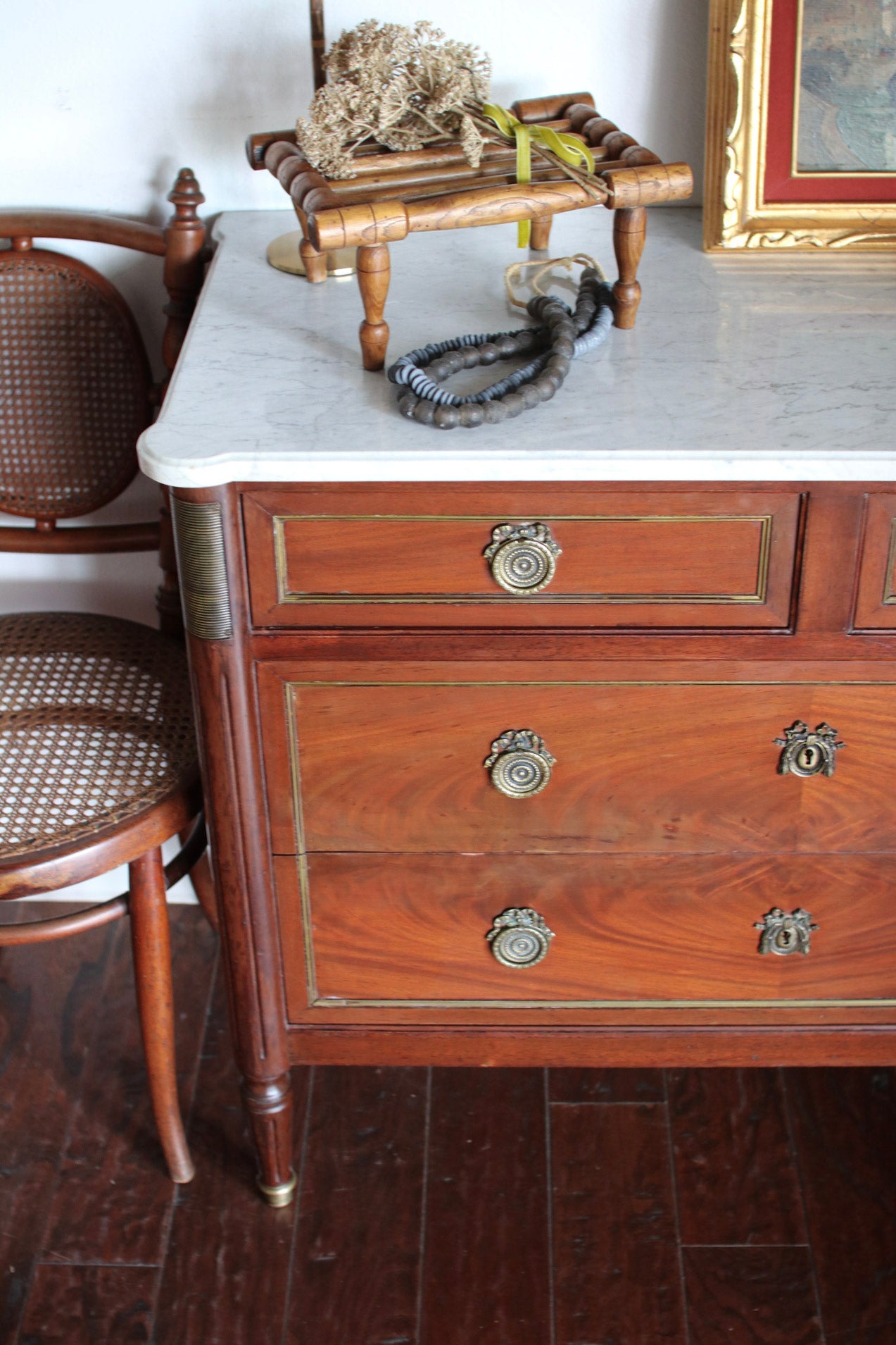 French Louis XVI Style White Marble Top Commode