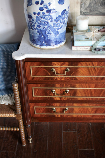 French Louis XVI Flame Mahogany White Marble Top Commode