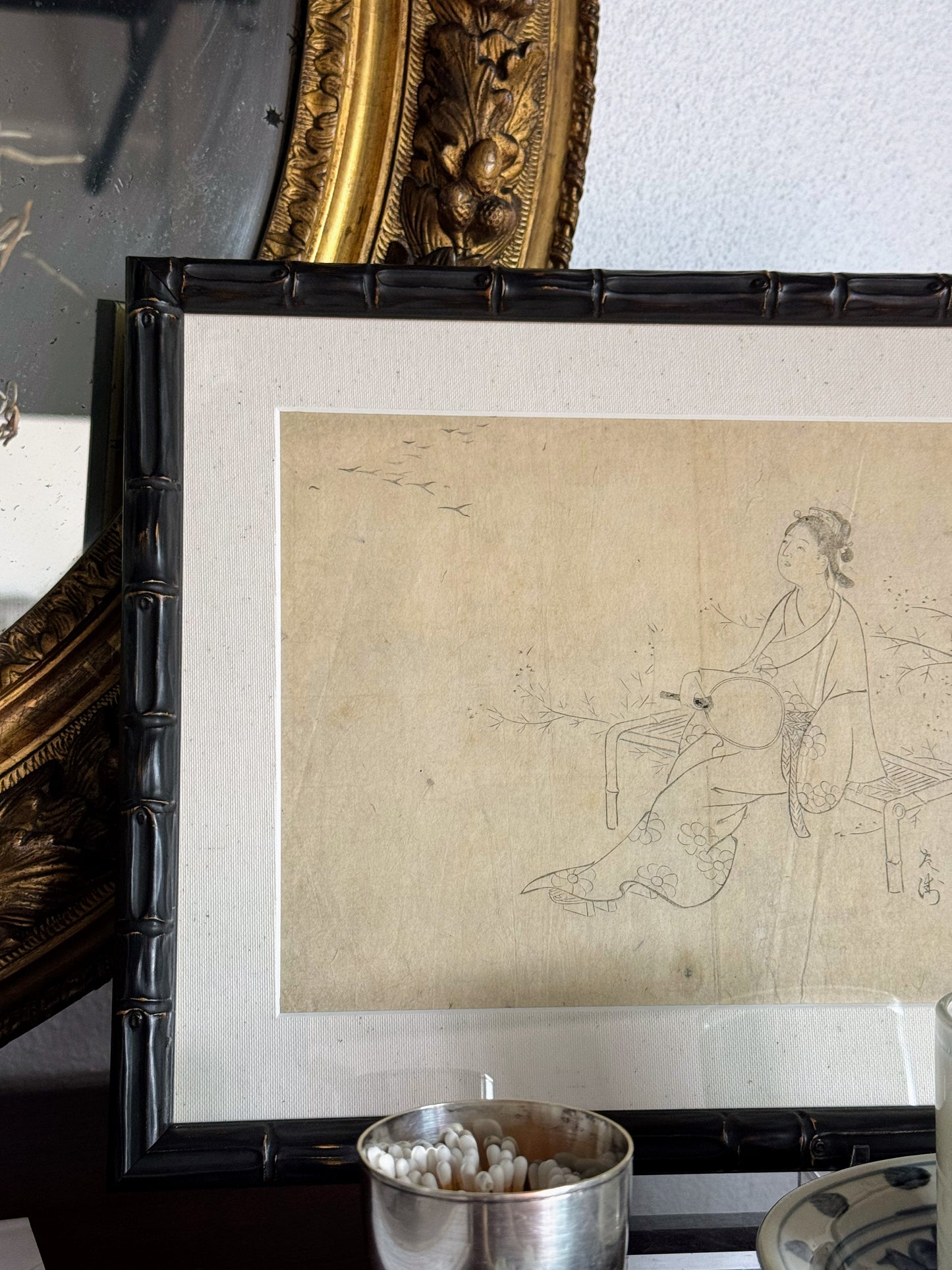 Bamboo Framed Ink Drawing on Rice Paper