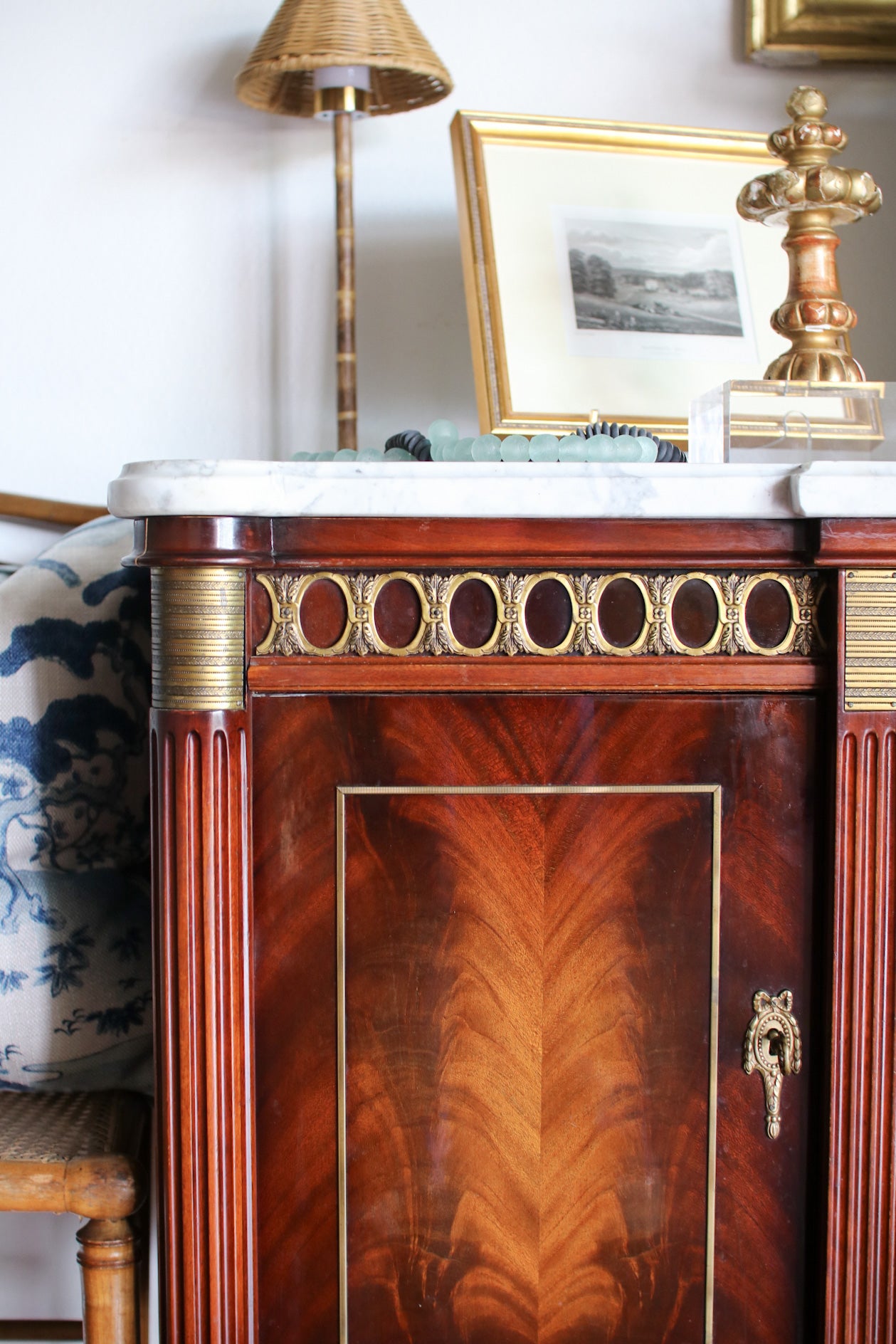 French Louis XVI Flame Mahogany White Marble Top 3 Door Sideboard