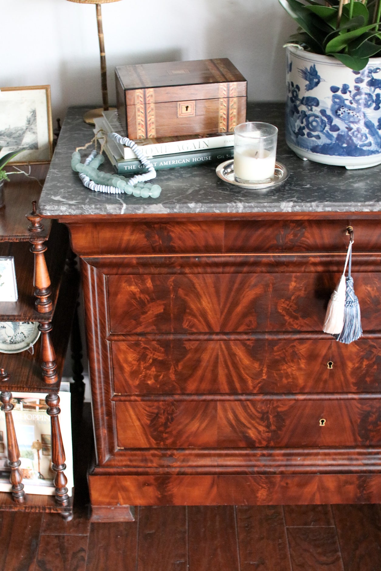French Louis Philippe Flame Mahogany Grey Marble Top Commode