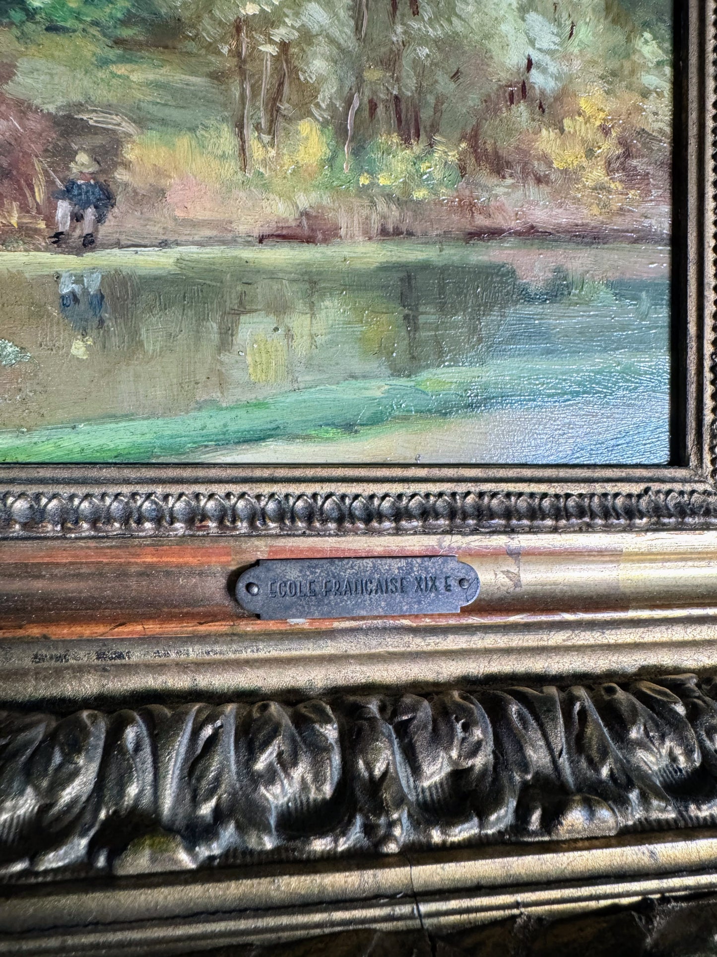 Framed Oil on Board of Fisherman By Pond