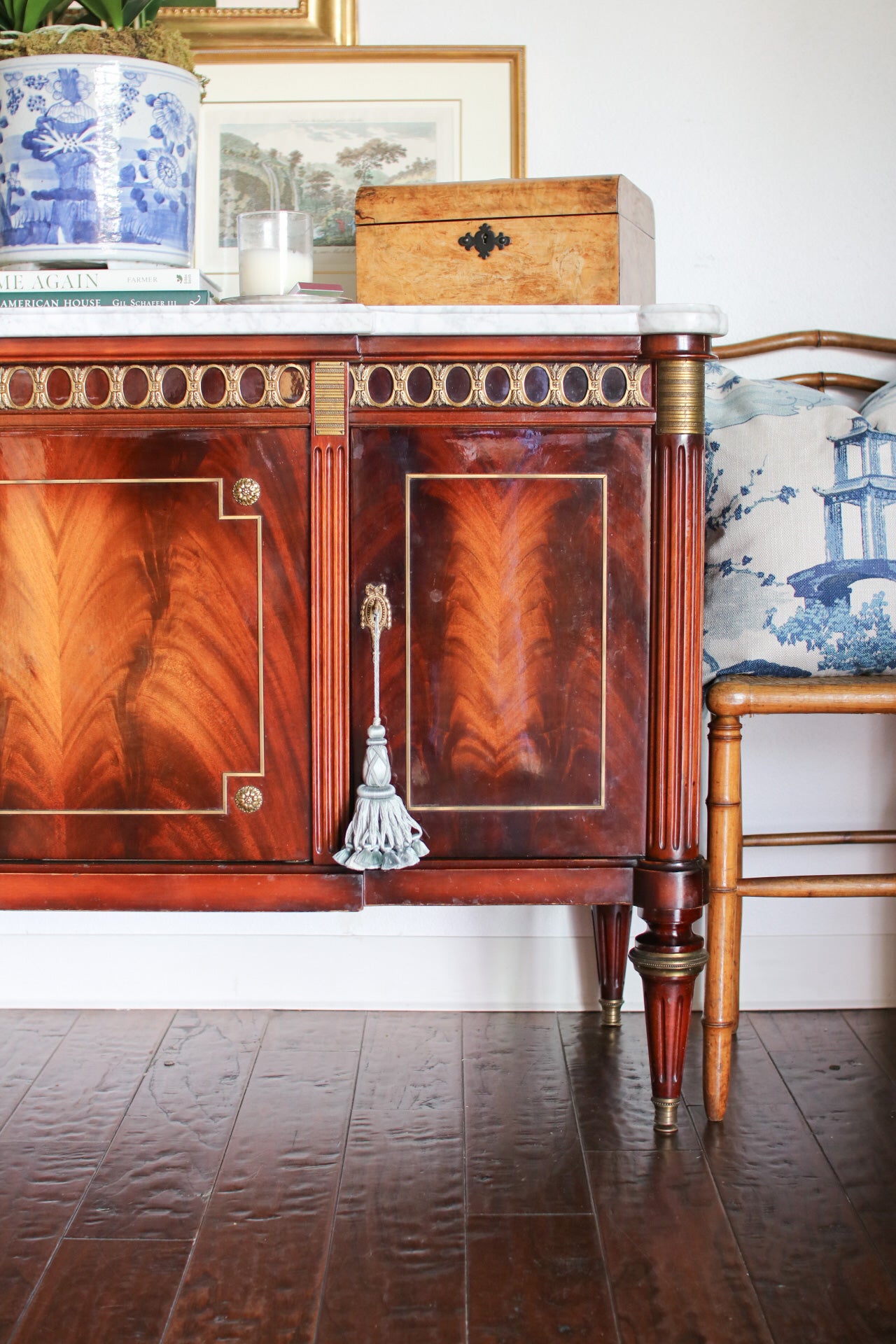 French Louis XVI Flame Mahogany White Marble Top 3 Door Sideboard