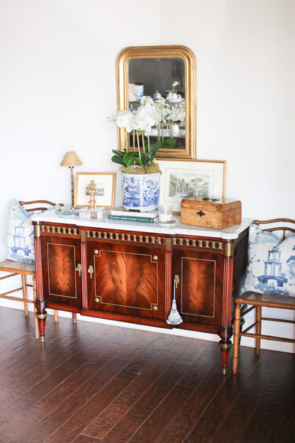 French Louis XVI Flame Mahogany White Marble Top 3 Door Sideboard