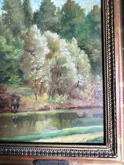 Framed Oil on Board of Fisherman By Pond