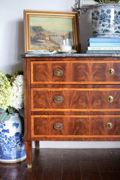 French Louis XVI Flame Mahogany Grey Marble Top Commode