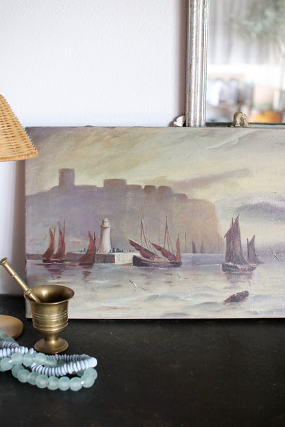 English Oil of Ships on Canvas Painting